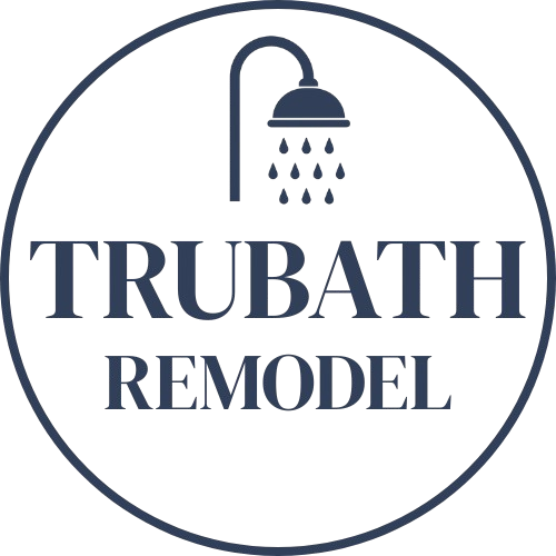 A circular logo with a showerhead icon above the words “TRUBATH REMODEL” in bold, dark lettering, highlighting shower and wet space remodel expertise.