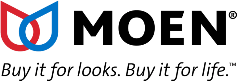 Moen logo with blue and red symbol on the left, company name in bold black letters, and the slogan "Buy it for looks. Buy it for life."—a popular choice among Phoenix bathroom contractors.