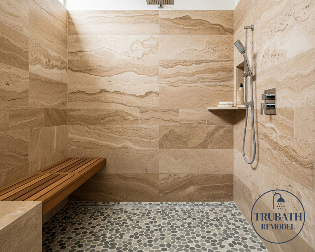 A modern walk-in shower with tan stone walls, pebble tile floor, a wooden bench, and a rainfall shower head. "Trubath Remodel" logo is in the bottom right corner.