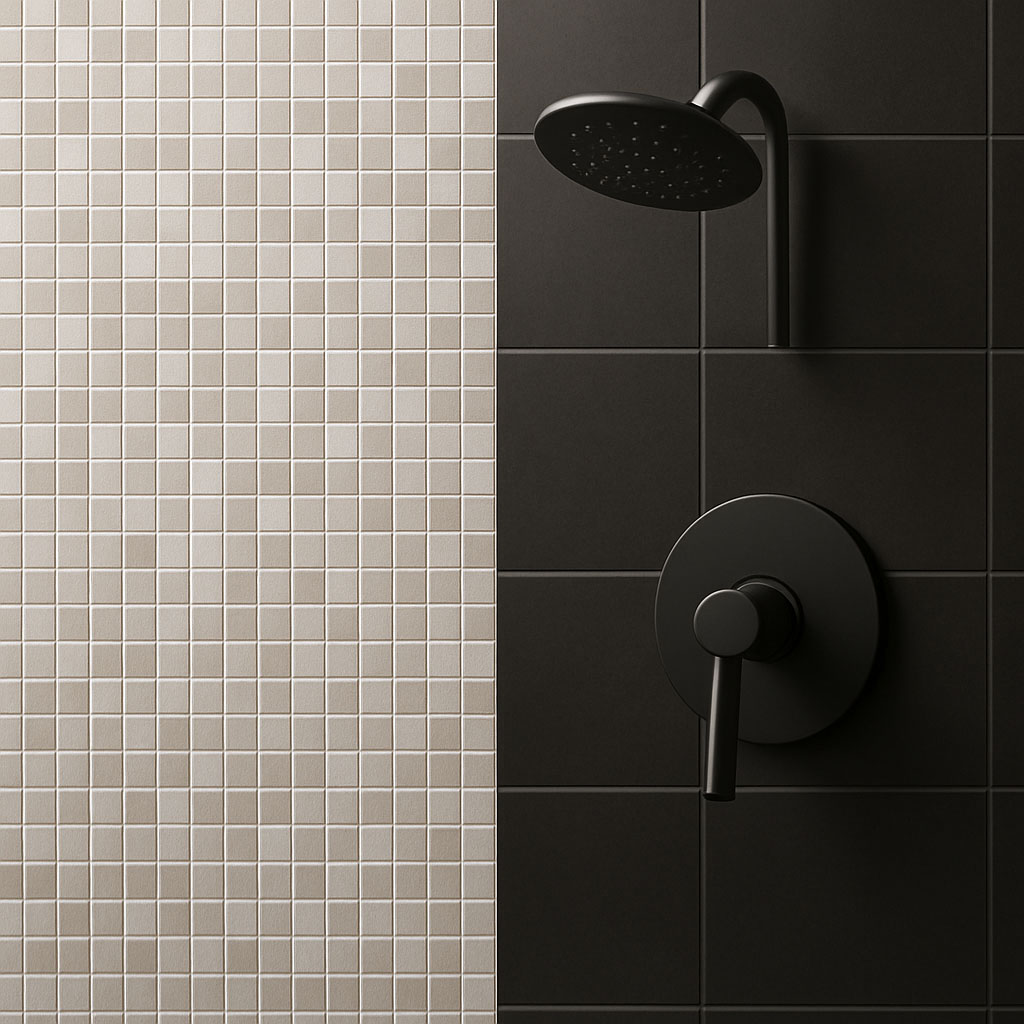 Black showerhead and faucet mounted on matte black tiles create a striking contrast next to a wall of small, light beige square tiles—an elegant tile shower Phoenix homeowners will love.