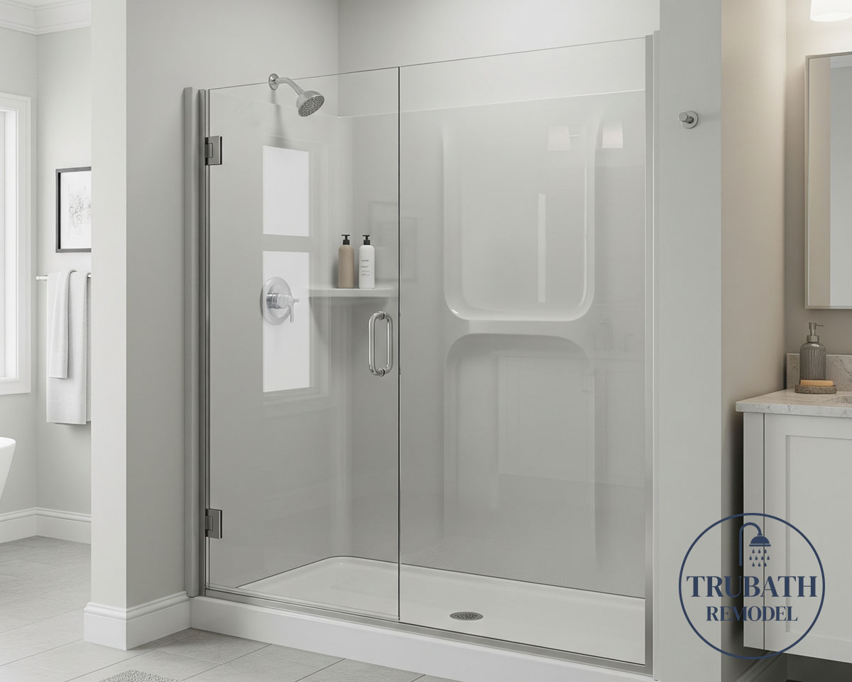 Modern bathroom with a glass-enclosed walk-in shower, built-in shelving, two bottles, a silver showerhead, and a TRUBATH REMODEL logo in the lower right corner.