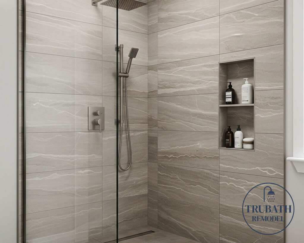 Modern walk-in shower with large beige tiles, a built-in shelf holding toiletries, a rainfall showerhead, and a glass partition. "Trubath Remodel" logo is in the bottom right corner.