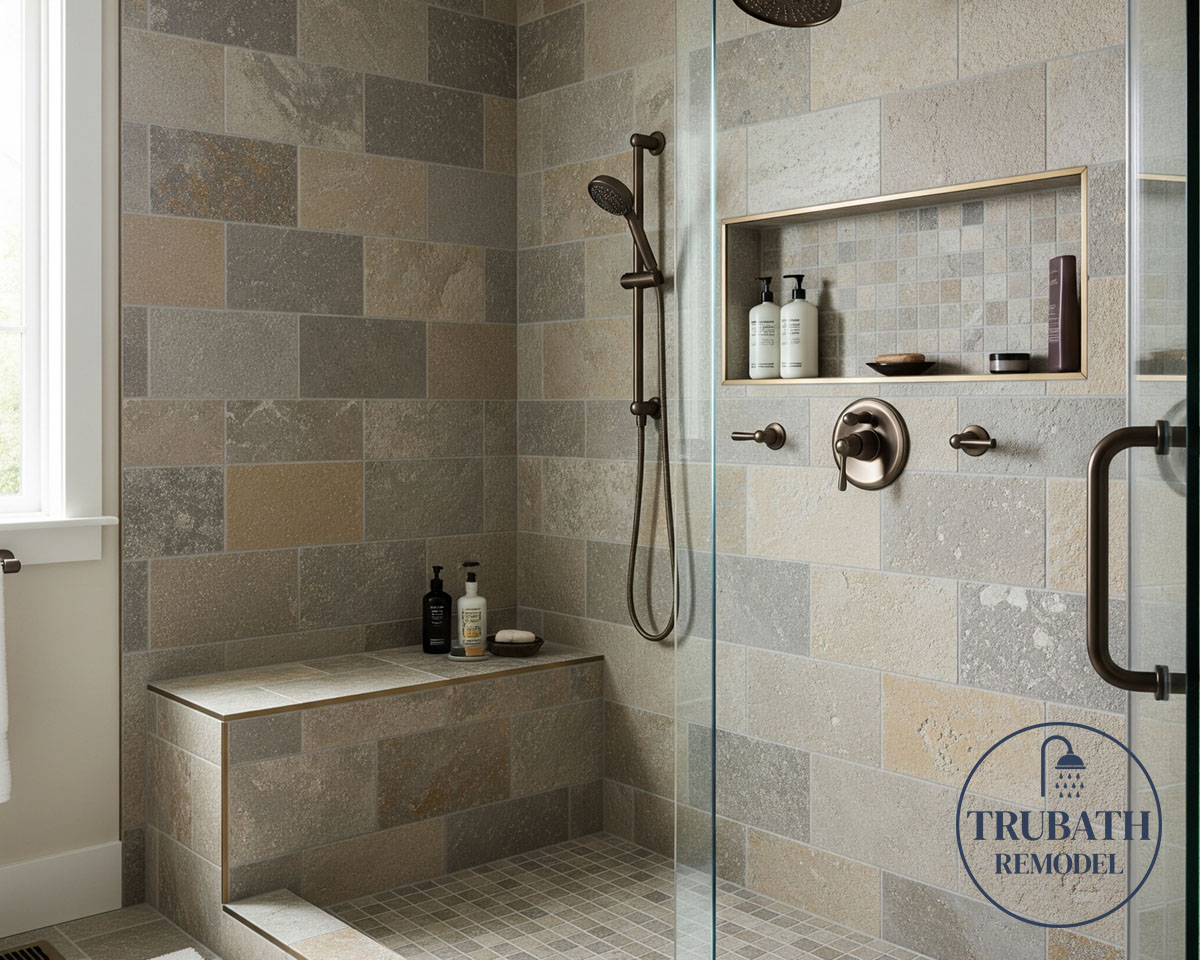 Modern walk-in shower with beige and gray stone tiles, built-in bench, niche shelves with toiletries, glass door, and bronze fixtures. Logo "Trubath Remodel" in lower right corner.
