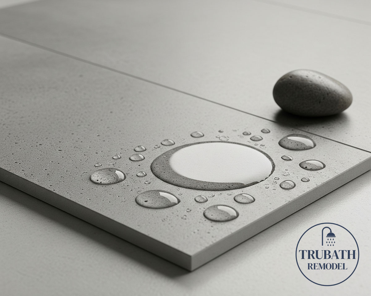 Close-up of a smooth gray tile with water droplets and a stone on top; "Trubath Remodel" logo is visible in the lower right corner.