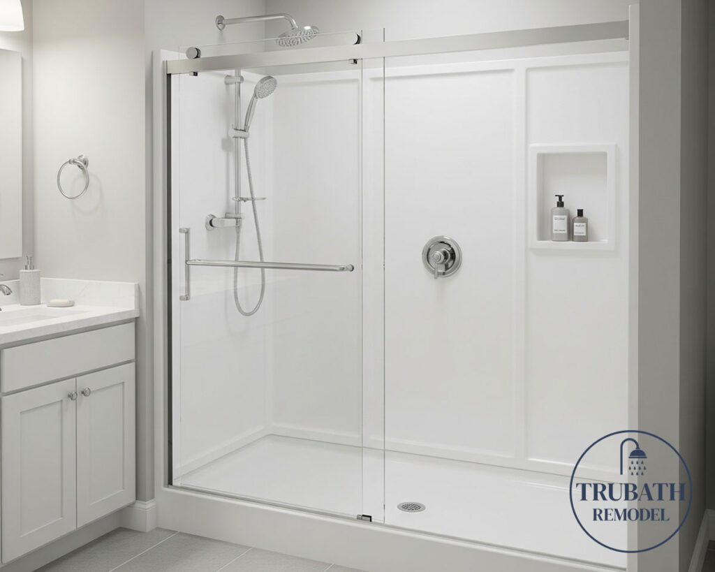 Modern bathroom shower with glass sliding doors, built-in shelf holding toiletries, overhead and handheld showerheads, and adjacent white vanity; "TruBath Remodel" logo in corner.