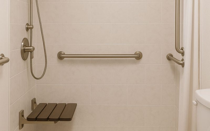 Accessible walk-in shower with grab bars, handheld showerhead, foldable seat, and a white curtain next to a toilet; "TruBath Remodel" logo in lower right corner.